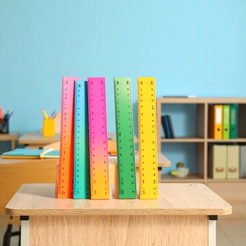 Colorful plastic rulers standing on a wooden school desk in a classroom.