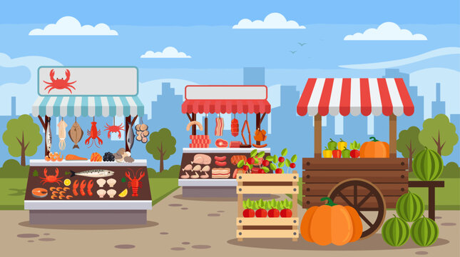 Outdoor farmers market stalls display fresh seafood, meat, and vegetables under colorful striped awnings in the city.