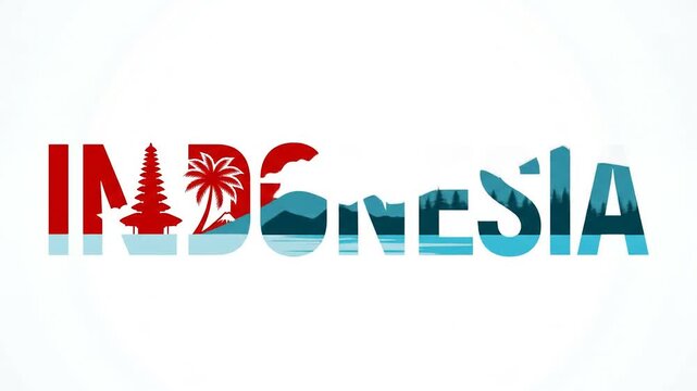 Indonesia text art with traditional temple and cultural icons.