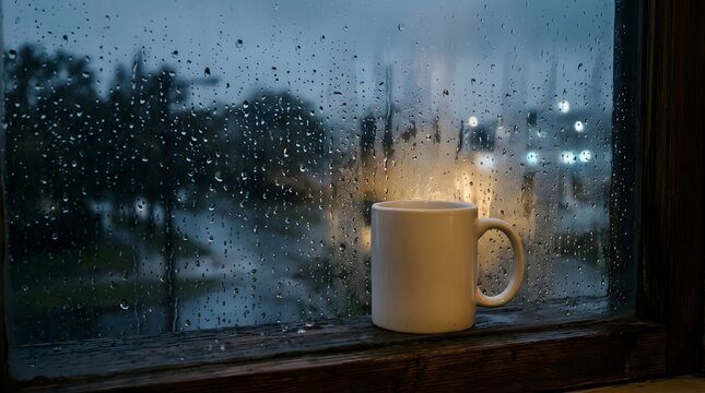 Blank white coffee mug mockup seen through a rain speckled glass window