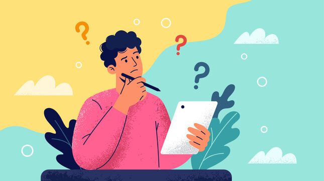 A confused man holds a tablet and pen surrounded by floating question marks while thinking deeply about something.