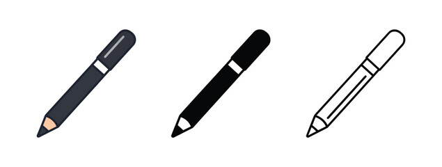 Fototapeta premium Set of three simple pencil icons in flat color solid black and outline design styles
