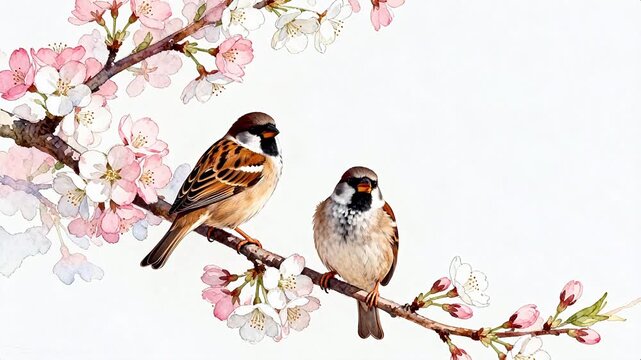 Two birds on a flowering branch