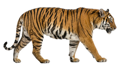 Obraz premium Majestic Tiger Stroll: A powerful tiger, with its iconic striped fur, walks confidently across a plain, its presence commanding attention in its wild habitat.