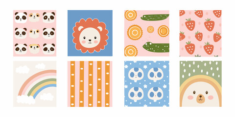adorable pastel colored nursery wall art collection featuring animals fruits and patterns panda lion strawberry cucumber rainbow stripes rabbit bear © Ranajit