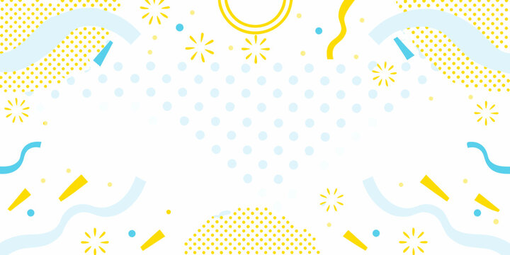 celebration border frame with colorful geometric shapes and confetti dots waves stars stripes yellow blue white background vector illustration pattern