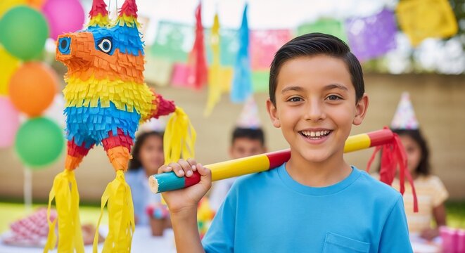 Happy birthday celebration with Mexican boy holding colorful pi&ntilde;ata at outdoor party. Boy smiles joyfully with pi&ntilde;ata ready for fun, surrounded by festive decorations and friends.