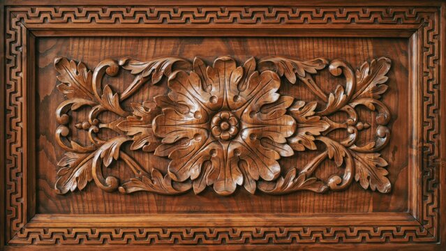 Ornate floral wood carving with geometric border pattern