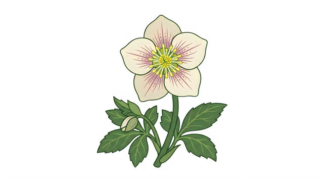 Merry Christmas Santa Beautiful hellebore flower, pink and white petals, green leaves, floral illustration, botanical art VECTOR