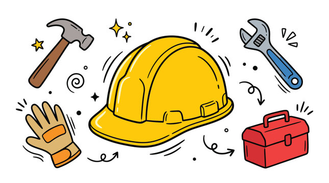 Industrial safety construction equipment doodle set with yellow hard hat protective gloves iron hammer adjustable wrench and red toolbox