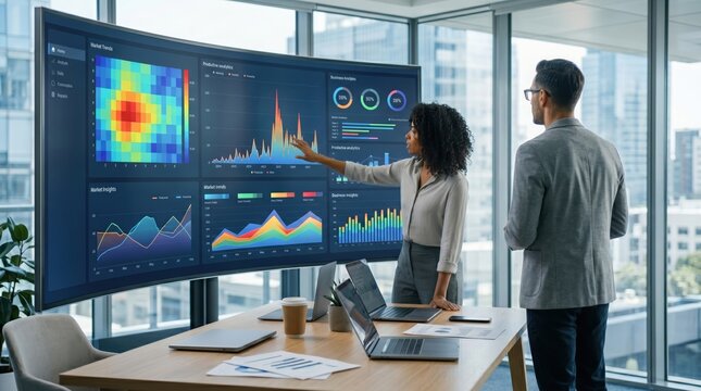 Business professionals examining complex big data analytics dashboard with heatmaps and charts on large curved monitor
