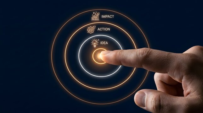 Human finger pressing glowing target center graphic representing idea action impact steps toward strategic business development goal achievement concept