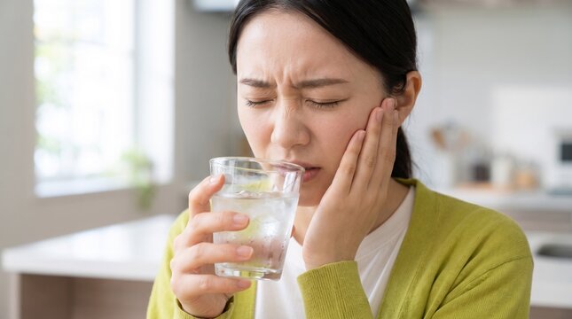 Sensitive teeth pain in young woman drinking cold water, Asian female suffering from toothache and dental sensitivity, oral health problems in kitchen