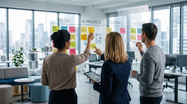 Diverse business team planning agile project on glass wall with sticky notes in modern office, software development workflow concept