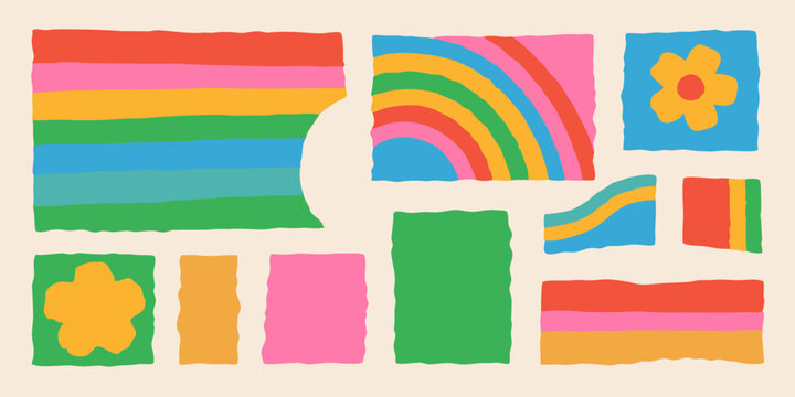 vibrant collection of torn paper shapes in bright colors rainbow flower stripes rectangles abstract art vector illustration colorful artistic design