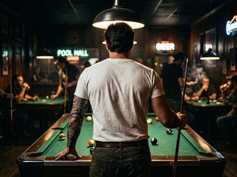 Man playing billiards in dark pool hall