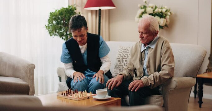Senior, man and chess in nursing home with caregiver, moving pawn and happy for bonding together. Nurse, elderly person and problem solving with board game, cognitive skills and retirement wellness.