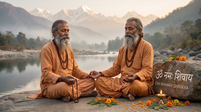 Indian sadhus meditating by a holy river with Himalayan mountains background at sunrise, spiritual yoga and mindfulness concept