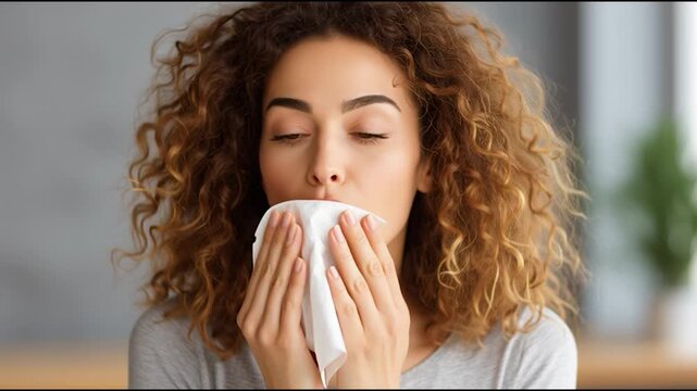 Woman blows nose with tissue