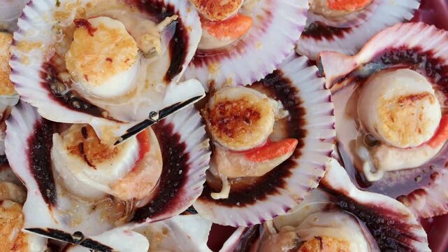 Close up top view of delicious fresh scallops au gratin cooking in their shells. Professional culinary preparation of a gourmet seafood dish