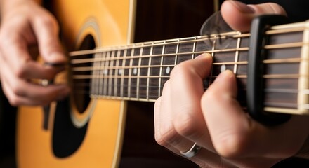 Obraz premium Musician playing guitar at birthday celebration with close-up of hands on strings. Guitar performance showcases intricate finger positioning and strumming technique.