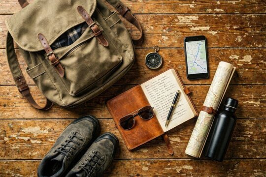 Top-down flatlay of rustic backpacking gear, featuring a canvas pack, vintage journal, compass, and hiking tools on a wooden surface.
