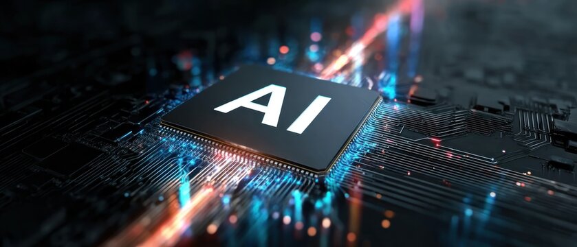 Ai chip on circuit board with glowing data streams