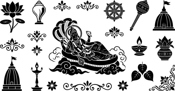Devshayani Ekadashi solid black vector design elements kit featuring Lord Vishnu reclining on Sheshnag, temple shikhara, shankha conch, sudarshan chakra, mace gada, kalash, diya lamp, and decorative 