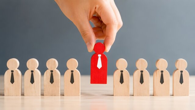 Talent selection strategy featuring a hand picking a standout red wooden figure from a group representing corporate recruitment and leadership