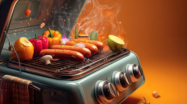 Flaming barbecue grill with sausages and vegetables, perfect for summer cookout, food advertising