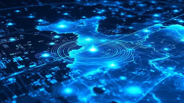 3D Radar Scan: Animated Pulses Over Country Map with Glowing Target Discovery