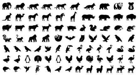 Obraz premium Animal Silhouette Vector Icons Pack – Wildlife, Birds and Farm Animals
