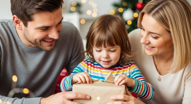 Family joy as parents watch child unwrap gift during holiday celebration. Loving parents observe daughter gleefully opening present under Christmas tree with festive lights.