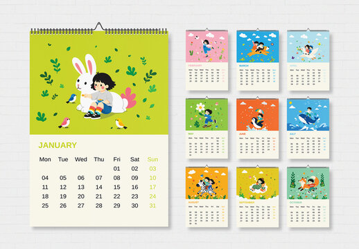 Colourful Monthly Wall Calendar Template with Cute Vector Illustration