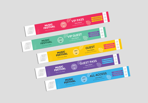 Set of Event Wristband Entry Passes for Music Festival or Club
