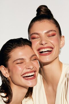 Two women laughing joyfully. Female friends smiling and having fun. Beauty portrait of happy girls.