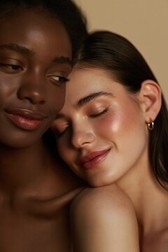 Diverse women with glowing skin. Close-up beauty portrait of multiracial females. Skincare and beauty concept.