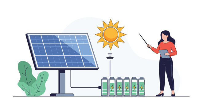 Woman presenting solar energy system with sun solar panel and rechargeable batteries to illustrate green technology.