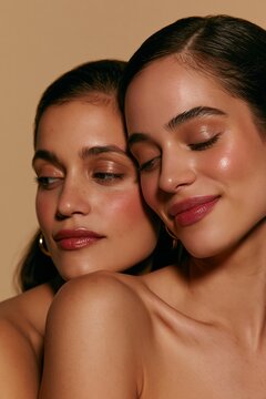 Close-up portrait of two beautiful women with glowing skin. Diverse female friends with radiant complexion and makeup. Beauty and skincare concept.