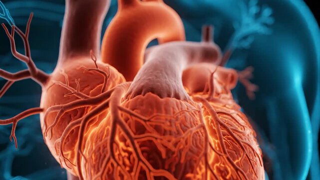 3D Render of Human Heart and Circulatory System in Medical Science Visualization.