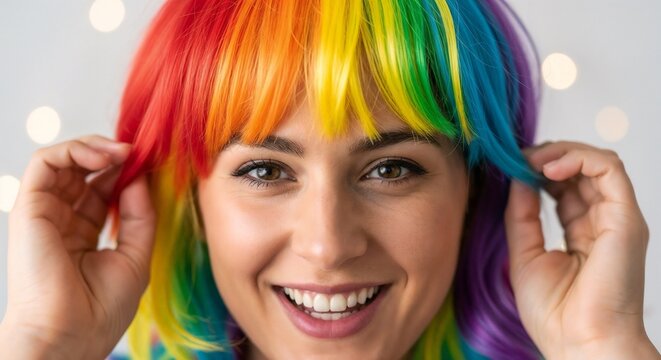 Joyful woman wearing colorful rainbow wig with vibrant hair colors smiling brightly, showcasing unique hairstyle and cheerful expression.