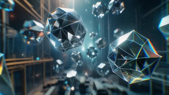 抽象的なデジタル空間で空中に組み上がる幾何学的なポリゴン構造