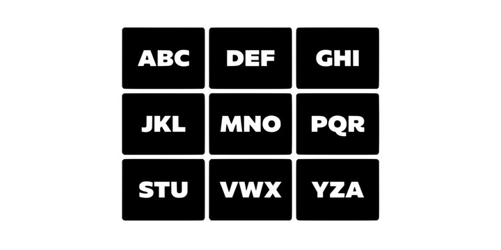 Icon Grid of Nine Square Letter Abbreviations, Displaying Abc Def Ghi Jkl Mno Pqr Stu Vwx Yza in Bold Style