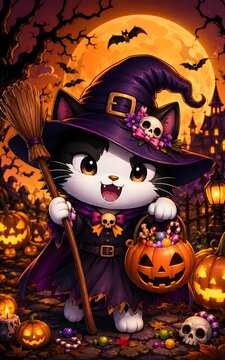 Cute Cat Witch Wearing a Purple Hat Holding a Broomstick and Pumpkin Candy Bucket on a Spooky Halloween night