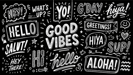 Greeting Typography Doodle Collection with Hand Lettered Hello Hi Aloha Speech Bubbles and Positive Quotes Illustration Set © imam