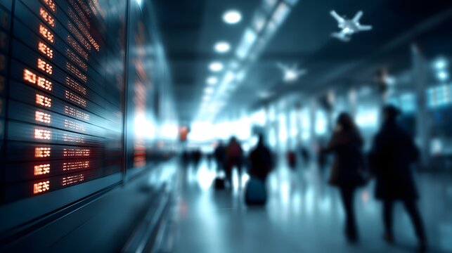Airport departure board with blurred travelers and delayed flights, perfect for travel news, business presentation