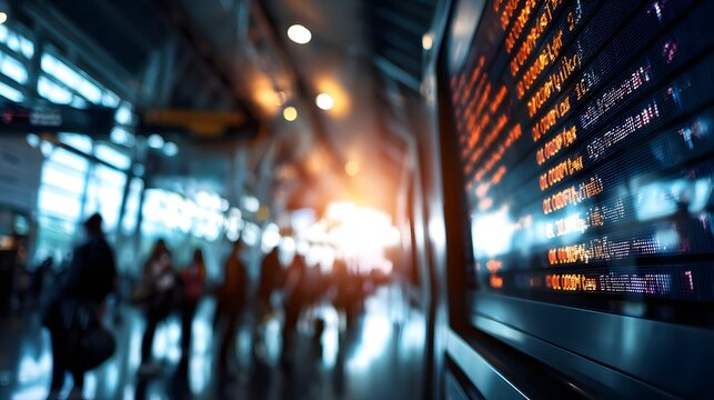 Airport departure board with blurred travelers and delayed flights, perfect for travel news, business presentation