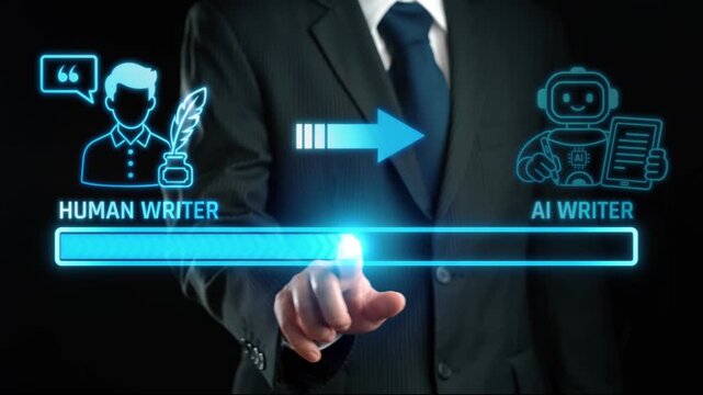 Transition from Human Writer to AI Writer with Futuristic Technology Interface and Digital Graphics Depicting Evolution in Content Creation Process. Liminal.