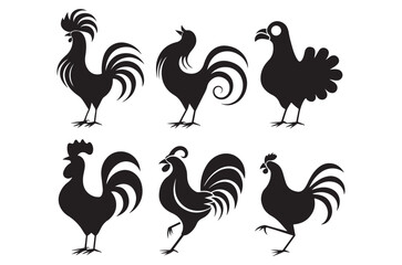 Fototapeta premium Rooster Silhouettes On White Background Decorative Vector Illustration
