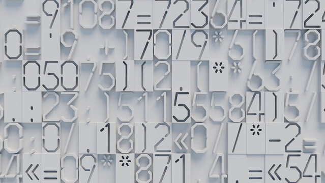 Close-Up of Geometric White Numbers and Mathematical Symbols on Light white Background for Graphic Design, Digital Art, and Educational Materials